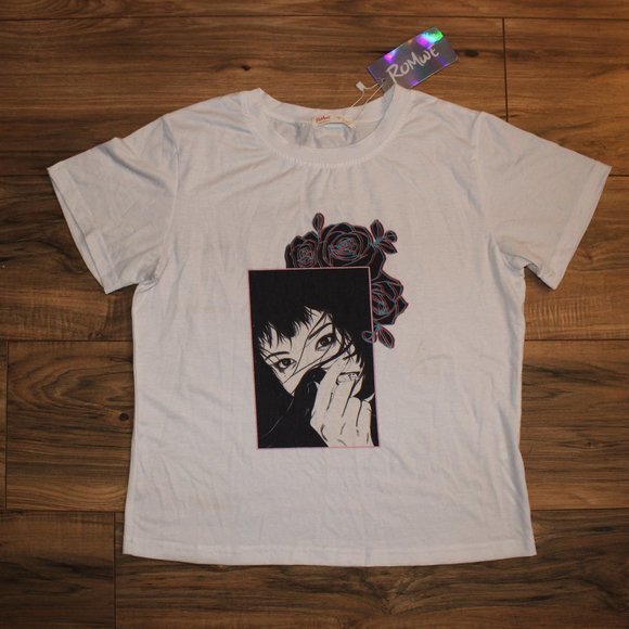 ROMWE Tops - Romwe Smoking Girl w/ Roses White Graphic Tee M